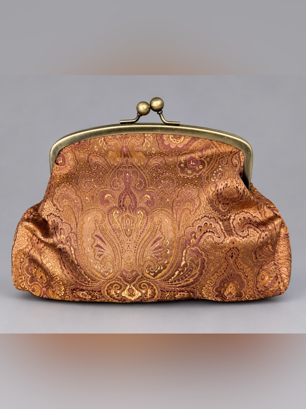 Brocade Paisley Evening Clutch Bag Gold Bronze Kiss Lock Frame 11”
